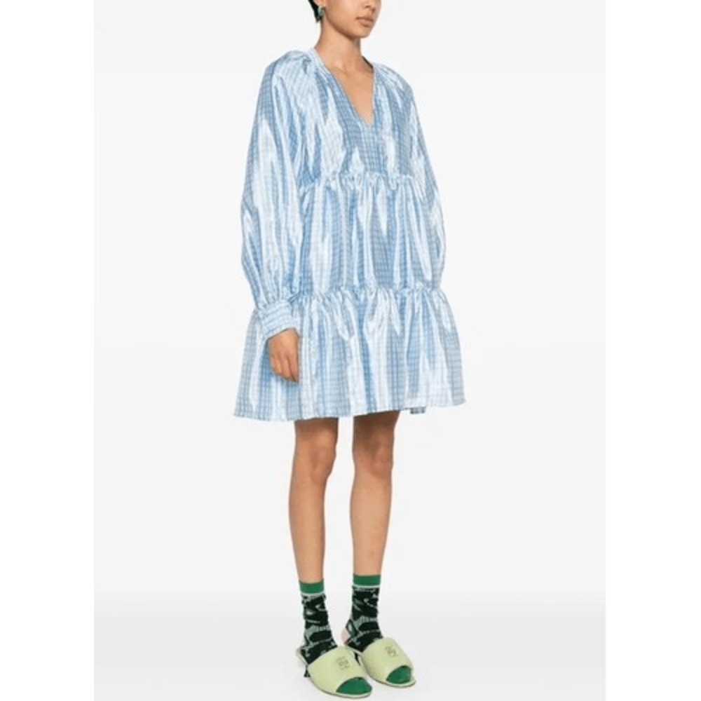 Stine Goya Jasmine Tiered Babydoll Dress Womens Light Blue Gingham S (H1)